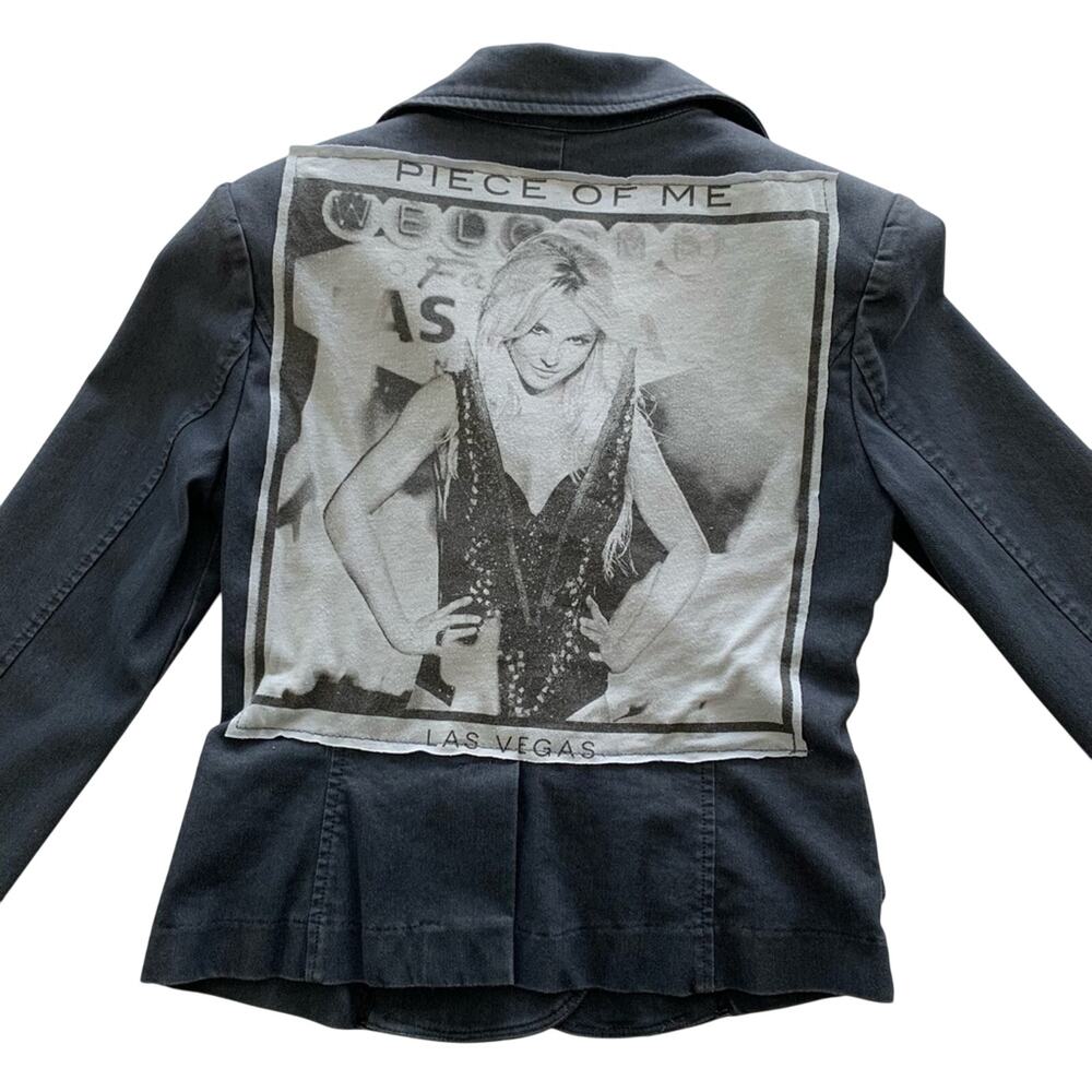 Reworked Britney Spears Y2K Graphic Upcycled Denim Blazer Jacket Women's Small - Picture 6 of 8